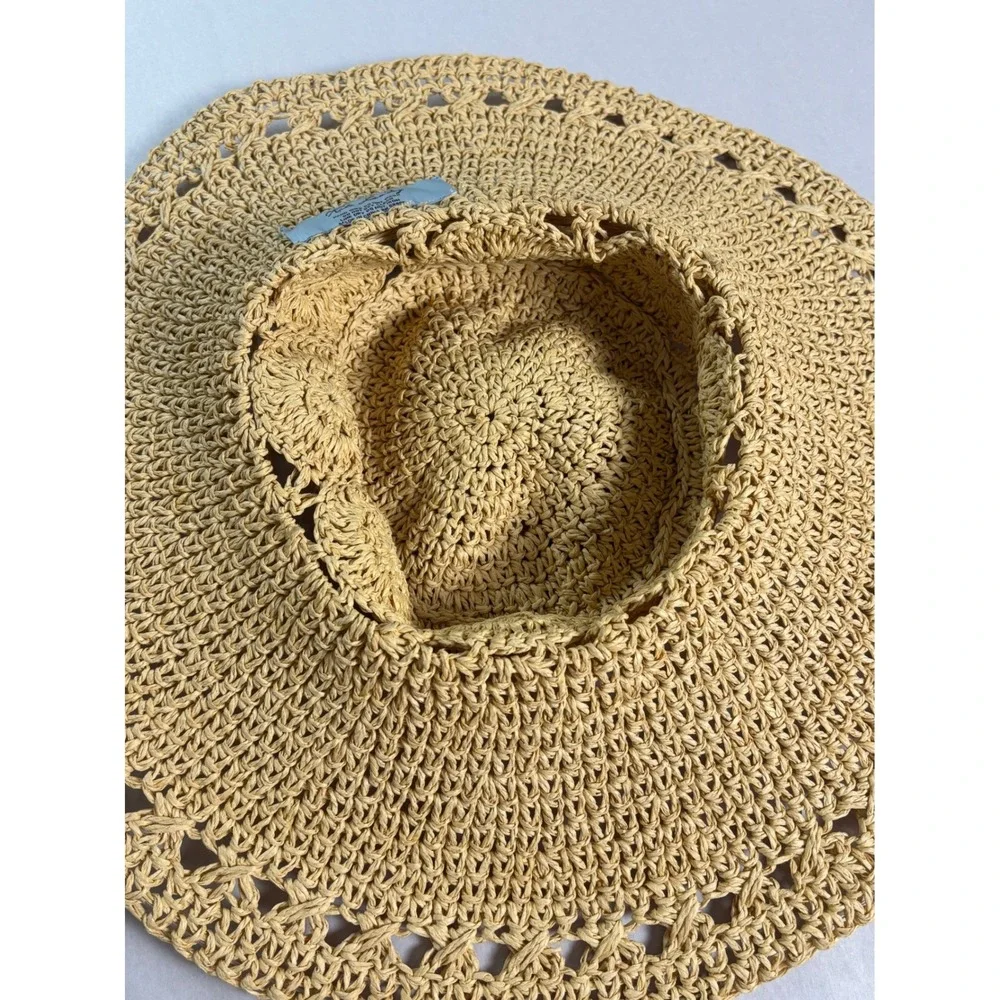 Kate Landry Womens Tan Woven Straw Wide Brim Sun Hat Crochet Packable Beach Hat